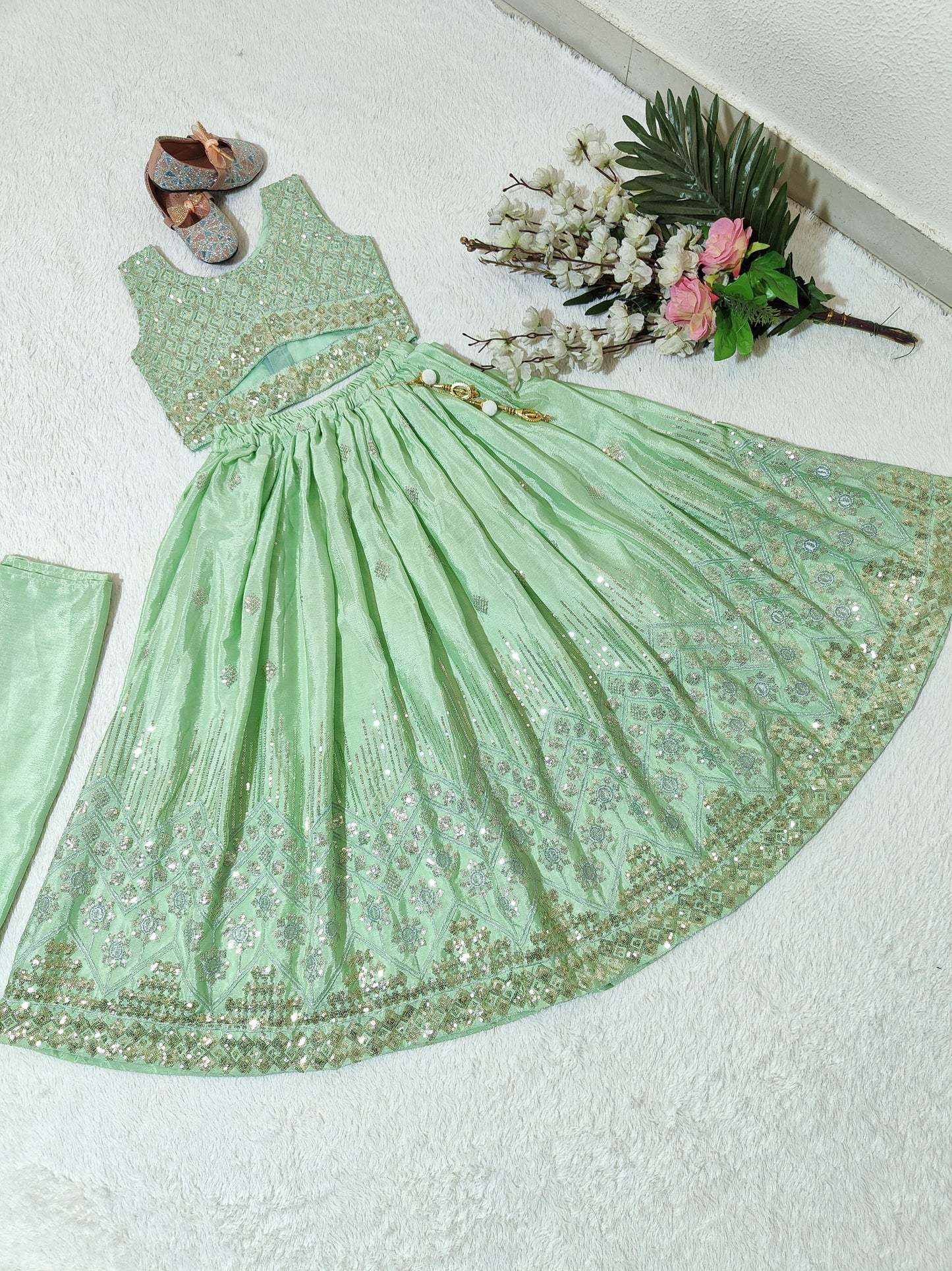 Pista color chinon silk lehenga choli for small girls design look
