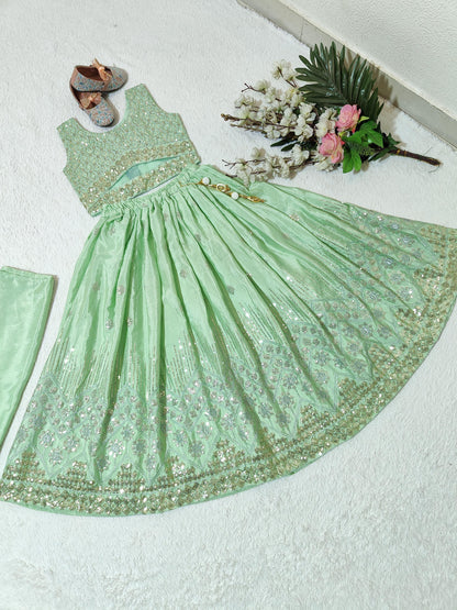 Pista color chinon silk lehenga choli for small girls design look
