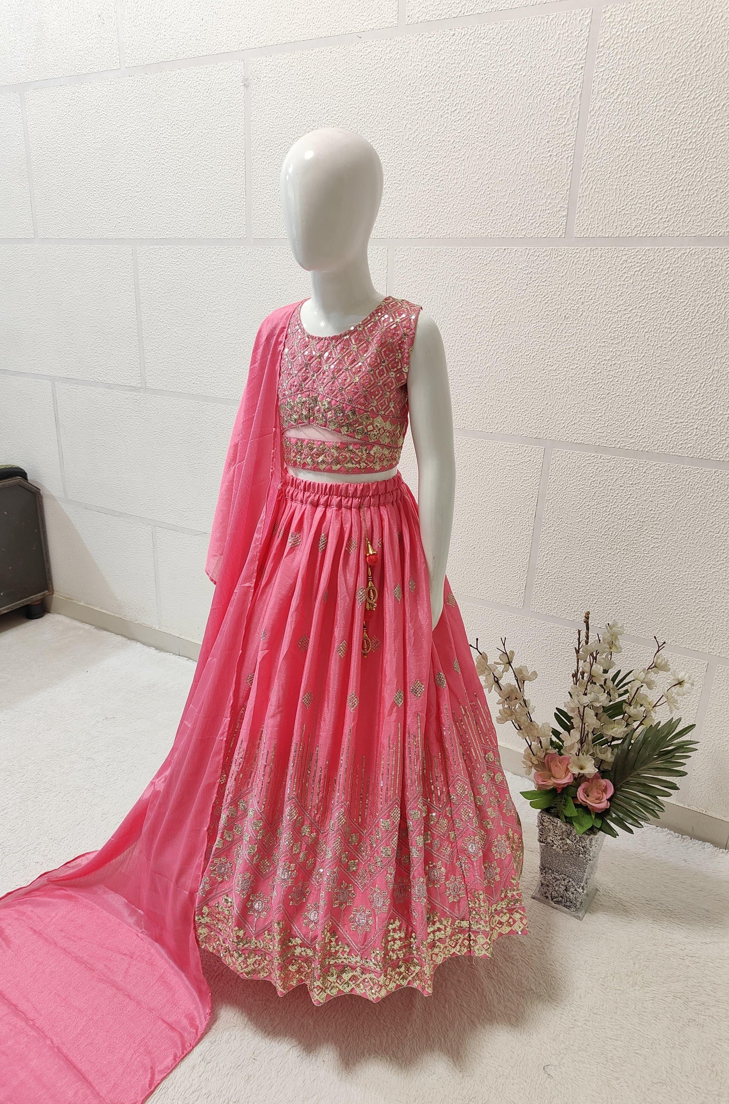 Dark pink color chinon silk lehenga choli for small girls
