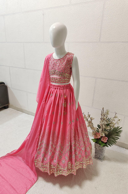 Dark pink color chinon silk lehenga choli for small girls
