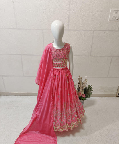 Pink color chinon silk lehenga choli for small girls online shopping
