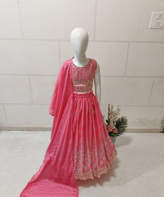Pink color chinon silk lehenga choli for small girls online shopping
