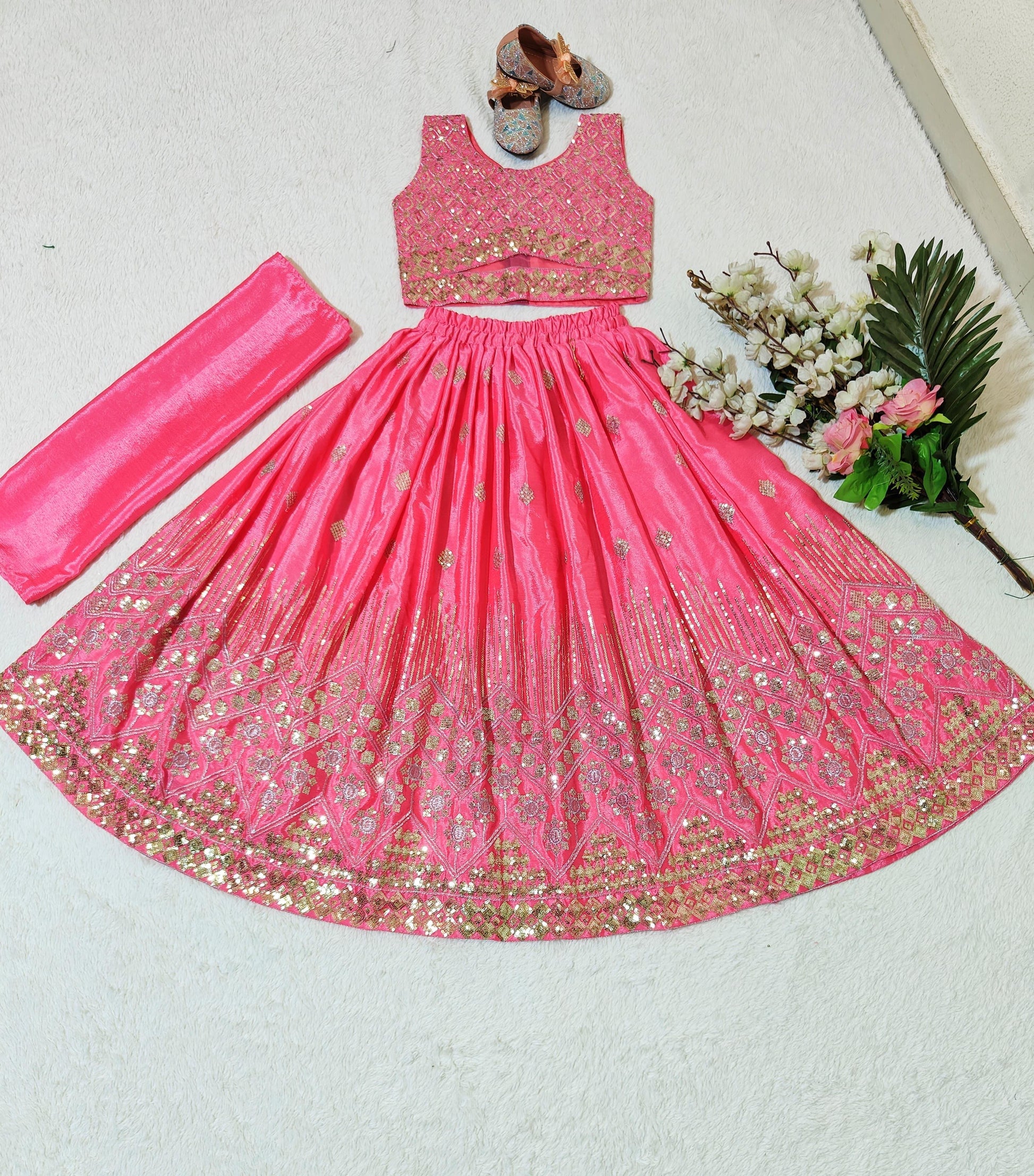Pink color chinon silk lehenga choli for small girls online
