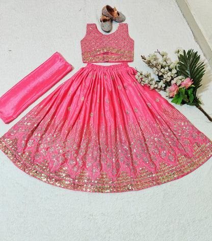 Pink color chinon silk lehenga choli for small girls online
