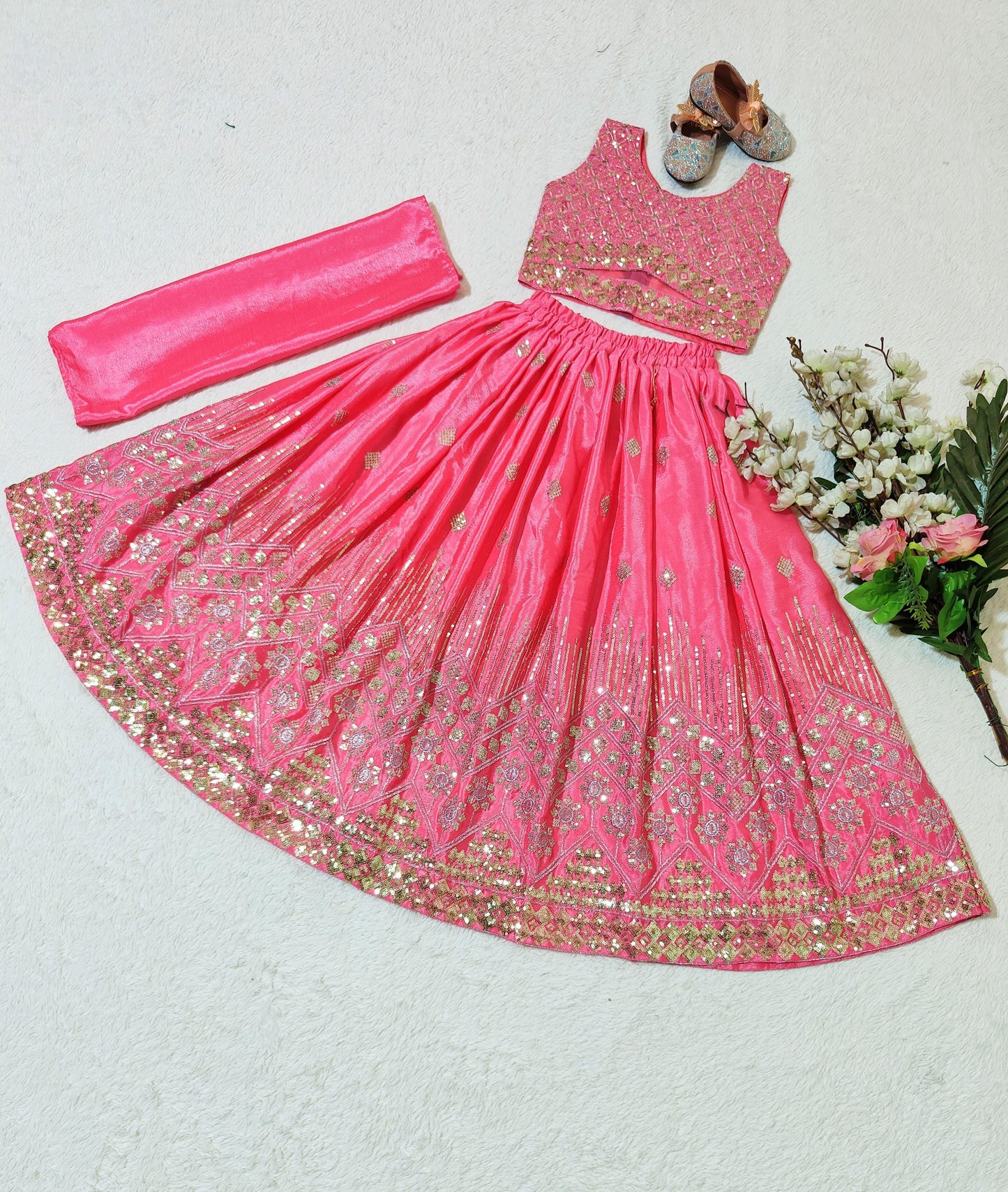 Pink color chinon silk lehenga choli for small girls images
