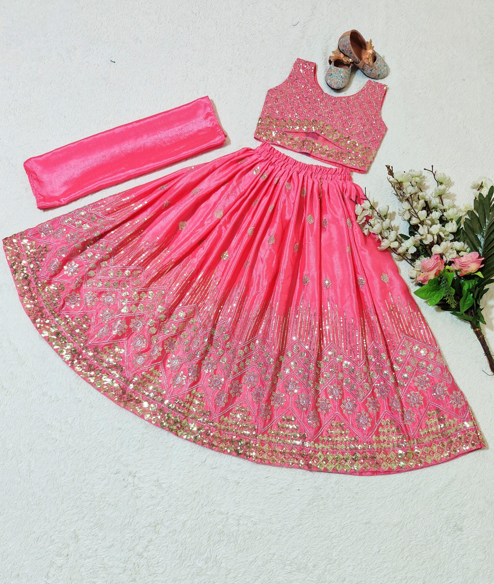 Pink color chinon silk lehenga choli for small girls images
