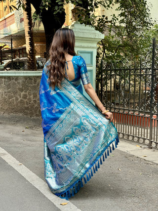 Teal blue color soft silk weaving saree for women price
