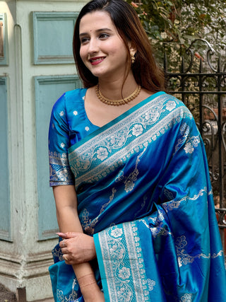 Teal Blue Weaving Saree For Women