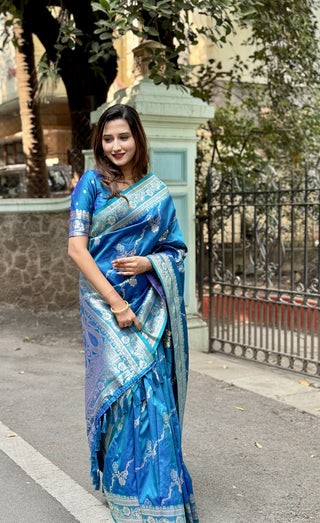 Teal blue color soft silk saree for women price
