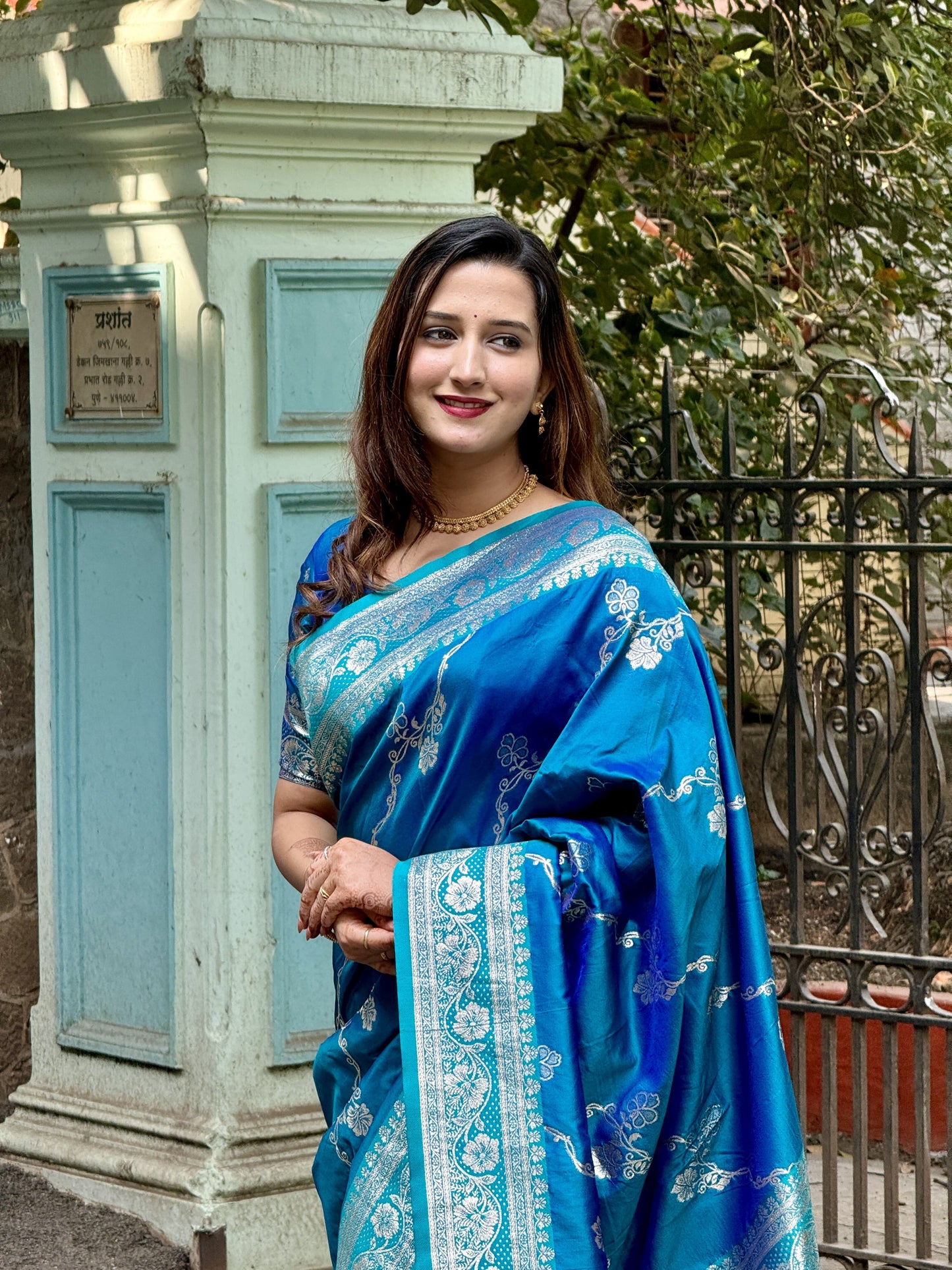 Teal Blue Silk Saree Design 
