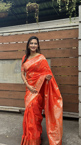 Orange color soft silk saree for women with price
