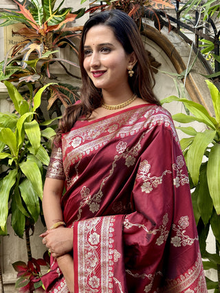 Maroon color zari weaving silk saree images