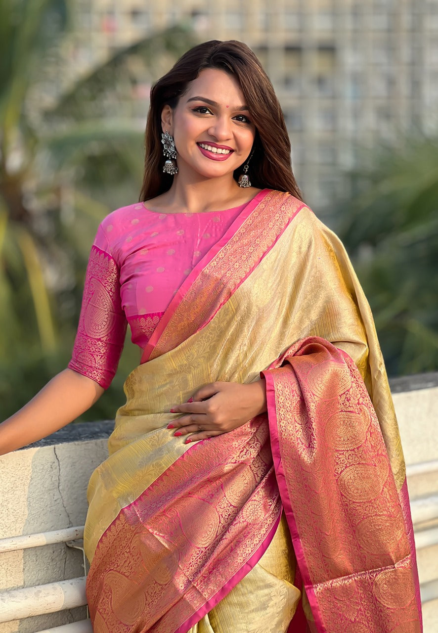 Beige color tissue silk saree for wedding
