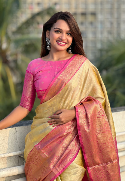 Beige color tissue silk saree for wedding
