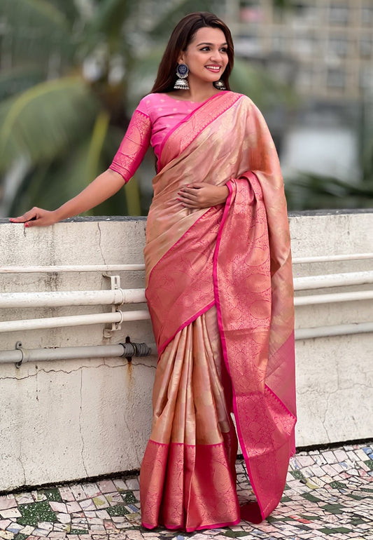 Peach color tissue silk saree for women with price
