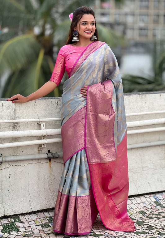 Grey color tissue silk saree for women with price
