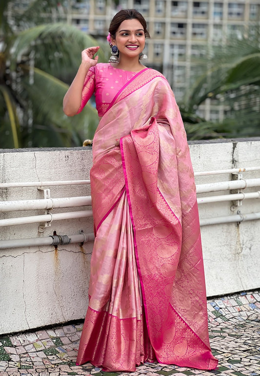 Pure pink color tissue silk saree for women
