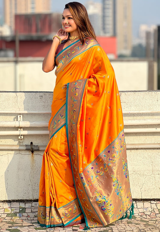 Pure yellow color tissue silk saree for women
