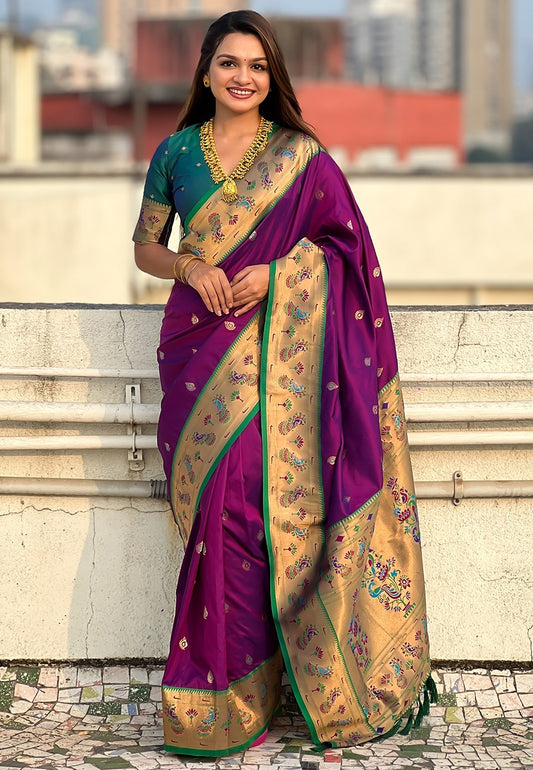Wine colour Saree with contrast Blouse
