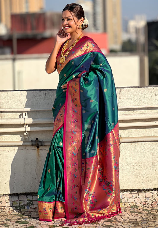 Teal green color soft silk saree for women price
