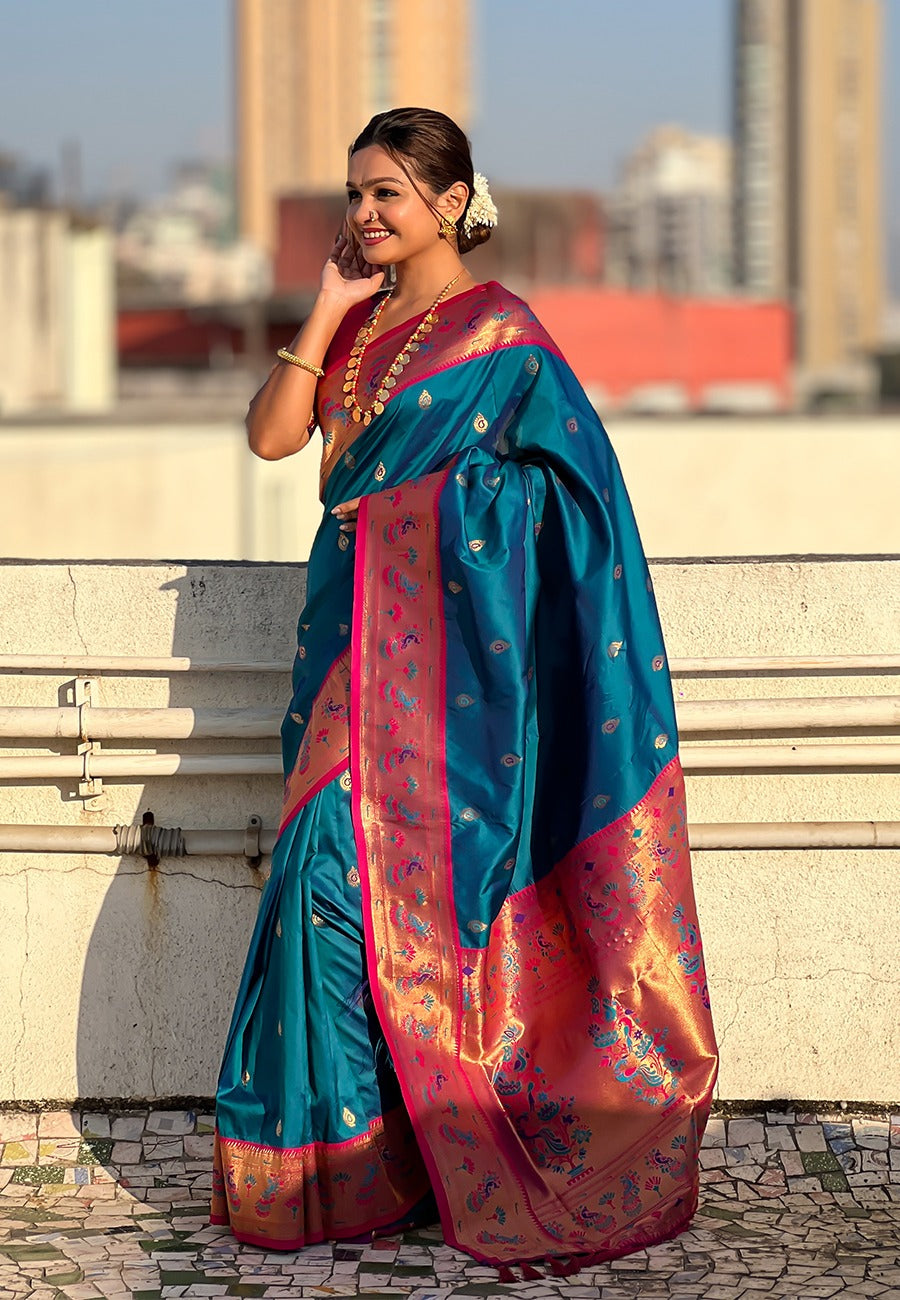 Teal blue soft silk Saree For Wedding
