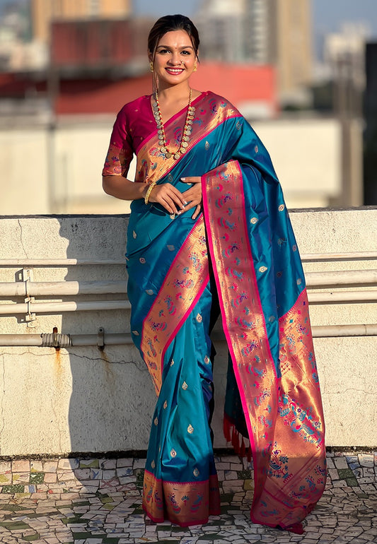Teal blue color tissue silk saree for women online shopping
