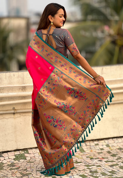Pink color soft silk saree with blouse