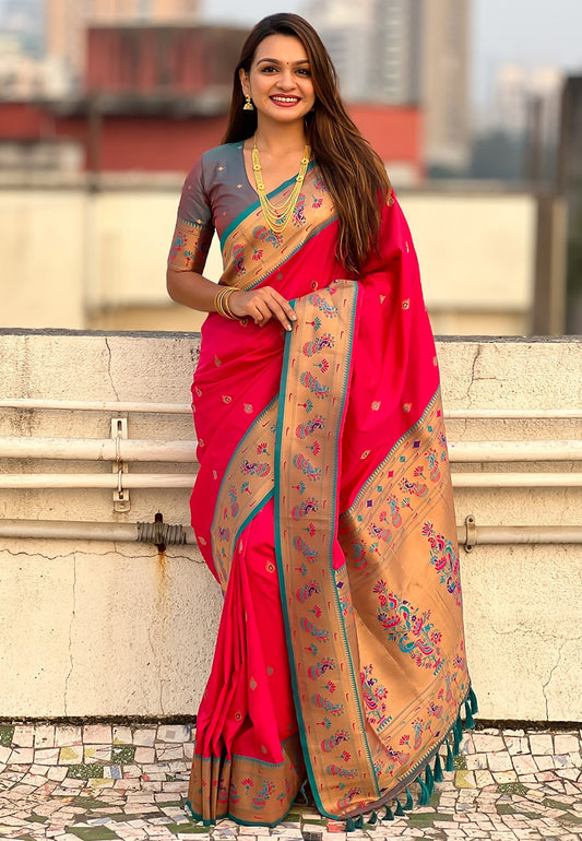 Pink color soft silk saree for wedding
