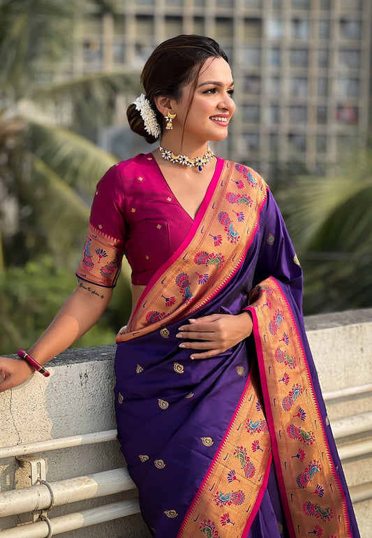 Purple color soft silk saree for women online 
