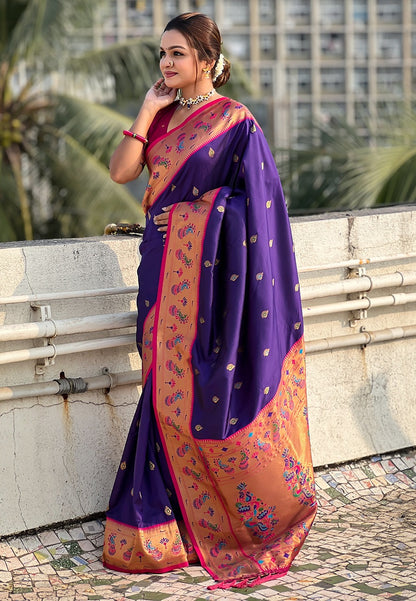 Purple color soft silk weaving saree images
