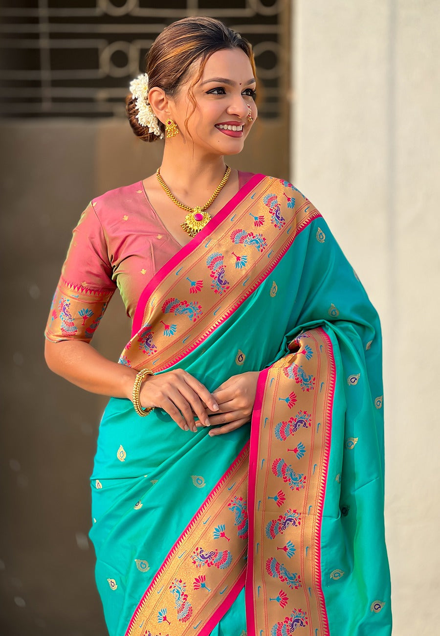 Rama color soft silk saree images
