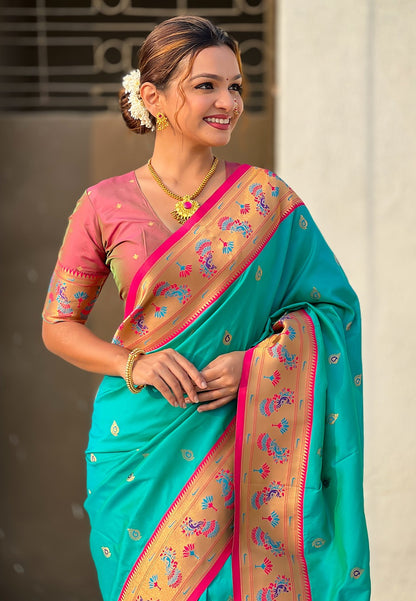 Rama color soft silk saree images
