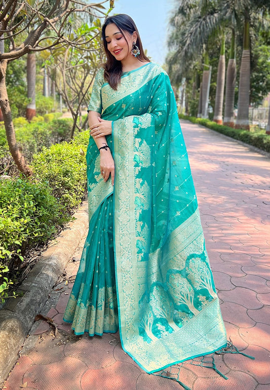 Rama color organza weaving saree 