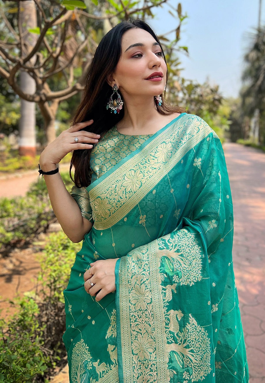Rama color organza weaving saree online shopping
