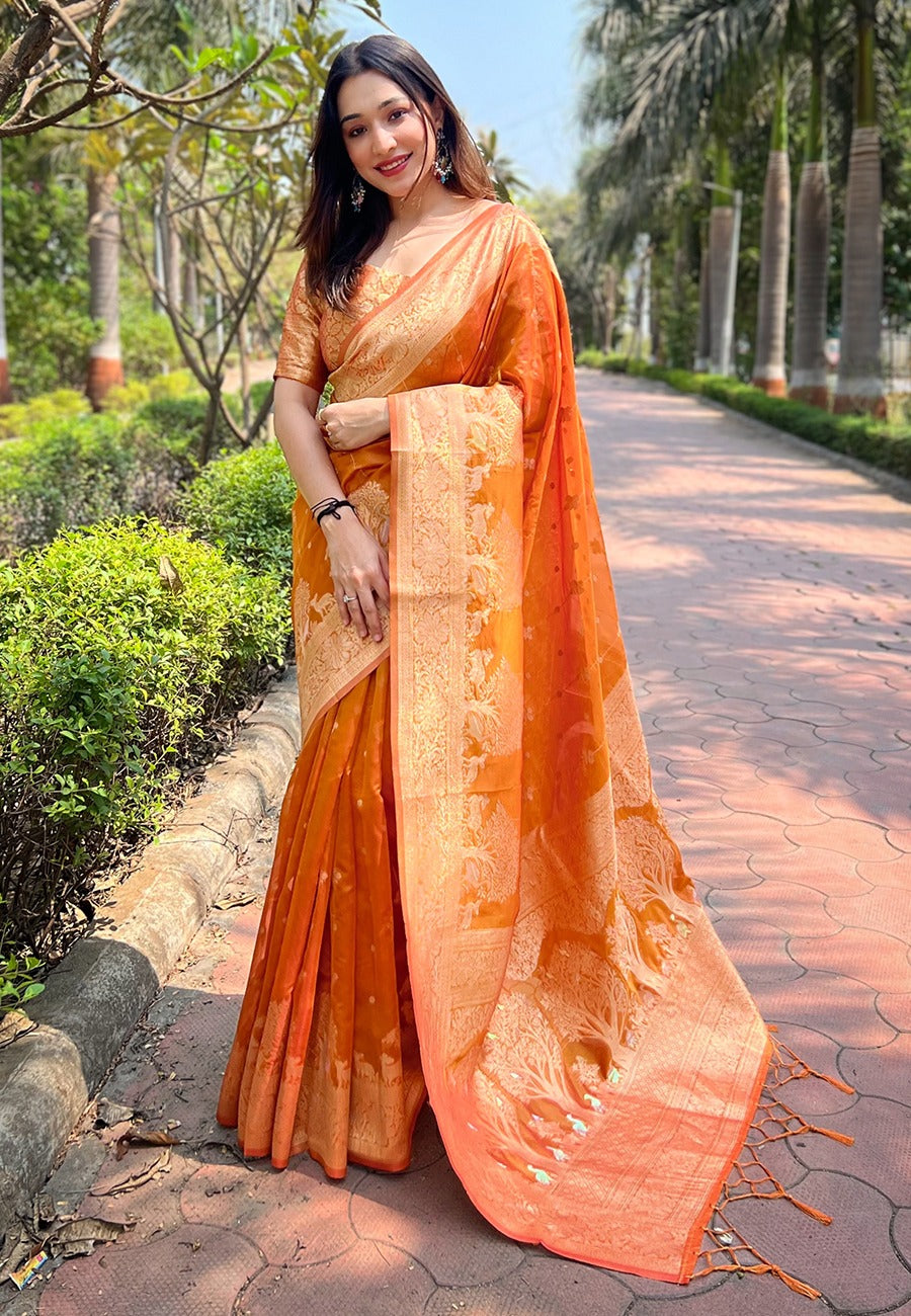 Orange color organza saree for women with price
