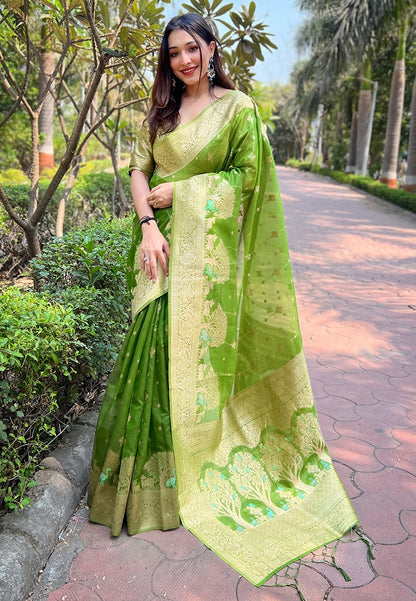 Green color organza saree for women
