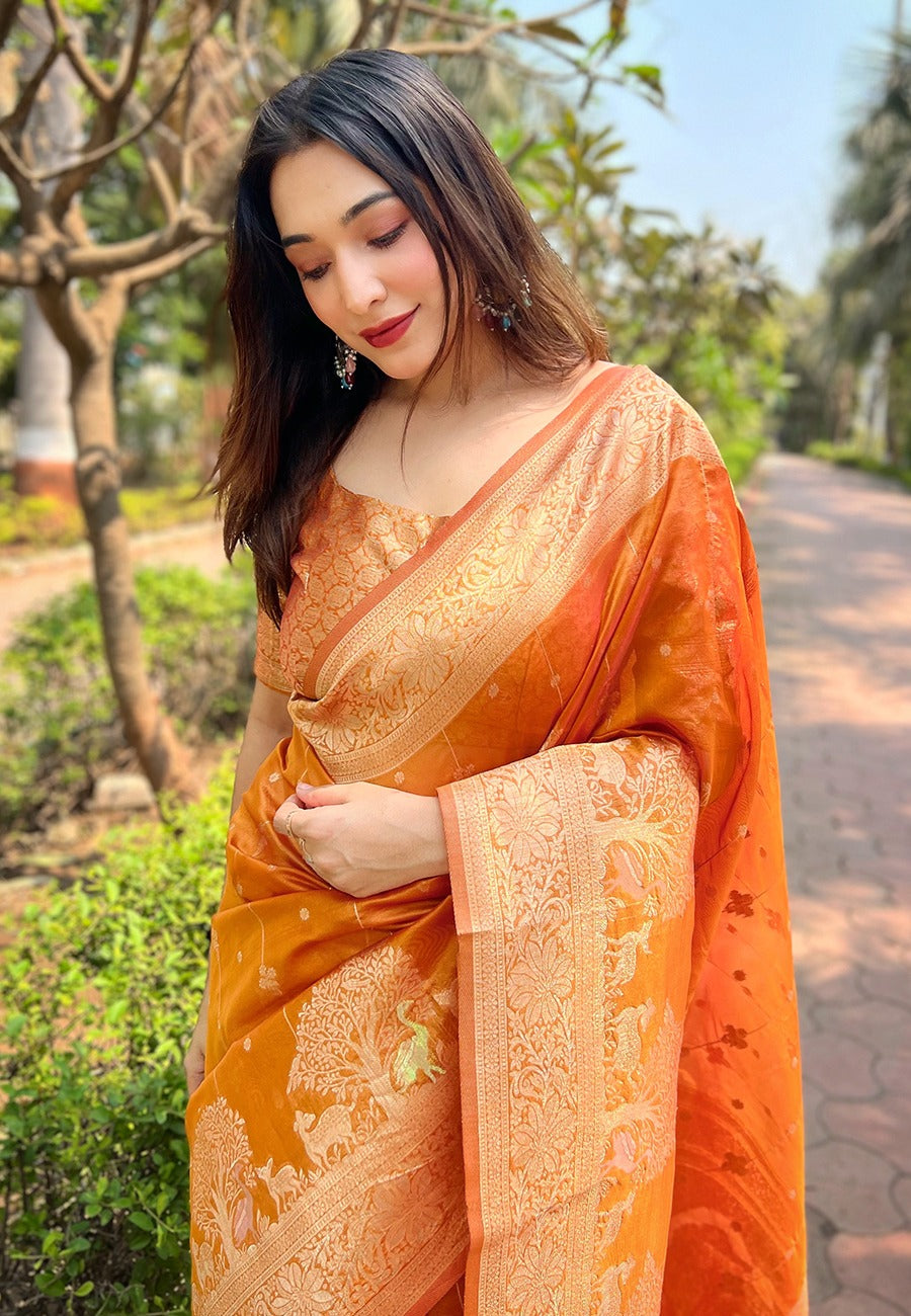 Orange color organza saree for women online

