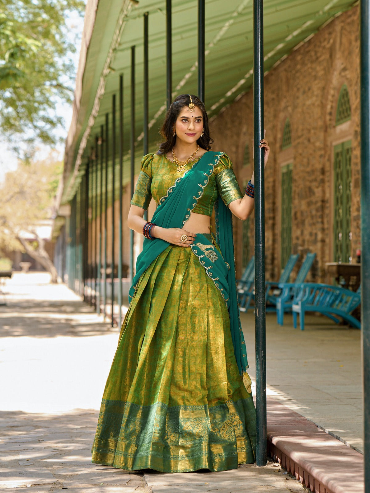 Green color kanjivaram lehenga choli for wedding
