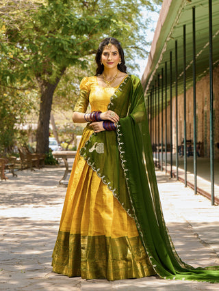 Yellow color kanjivaram lehenga choli for women online shopping
