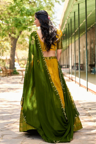 Yellow color kanjivaram lehenga choli for women online
