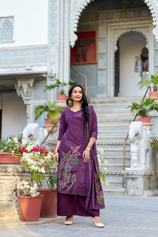 Wine color roman silk sharara suit for women price
