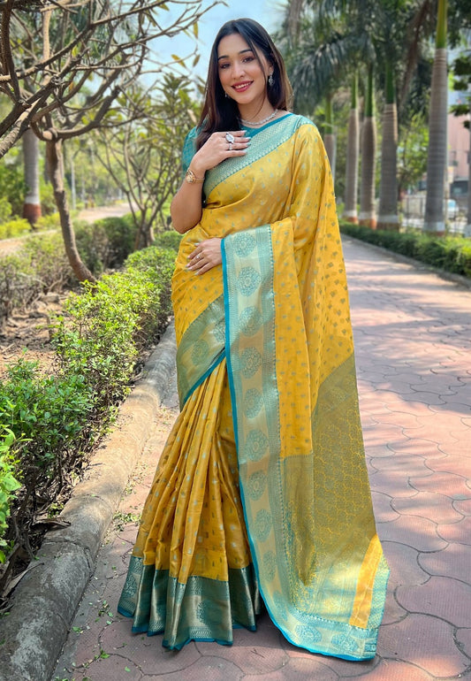 Yellow color tissue saree for women