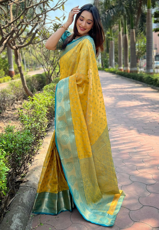 Yellow Color Tissue zari weaving saree online 
