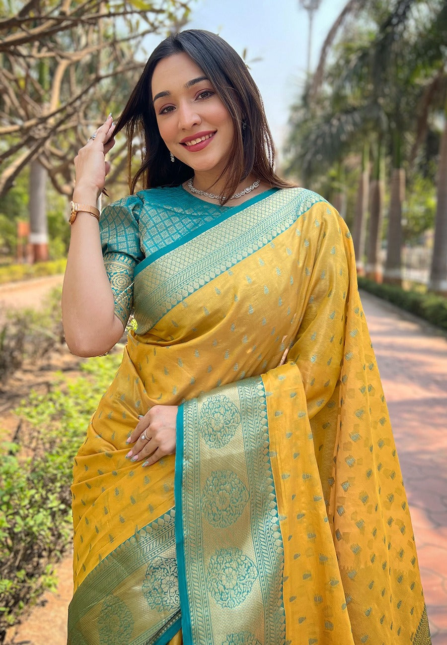 Yellow Color Tissue zari weaving saree price