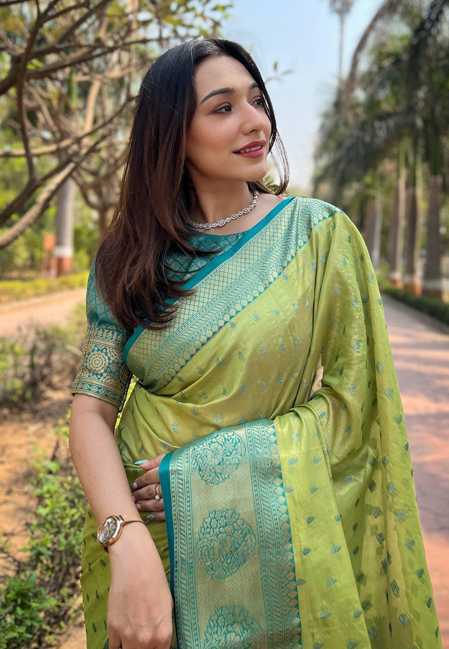 Green color tissue saree for wedding
