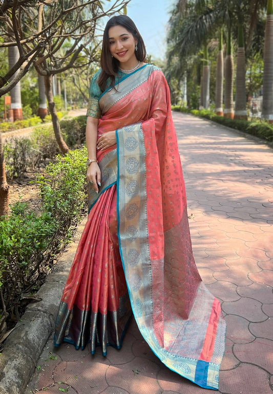 Peach color tissue saree for women