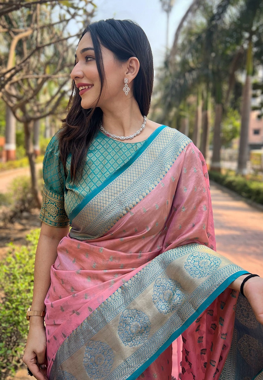 Pink Tissue Saree contrast Blouse
