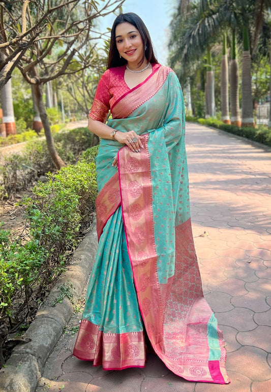 Rama color tissue saree for women online
