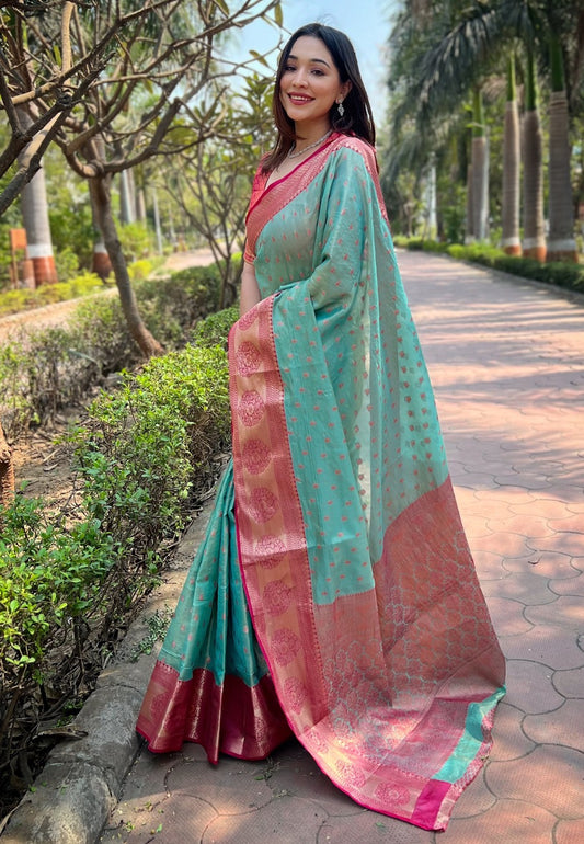 Rama color tissue saree for wedding
