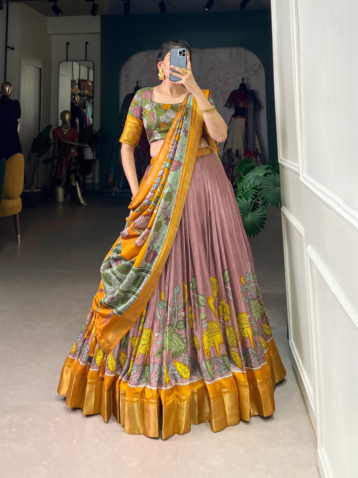 Onion color dola silk lehenga choli price
